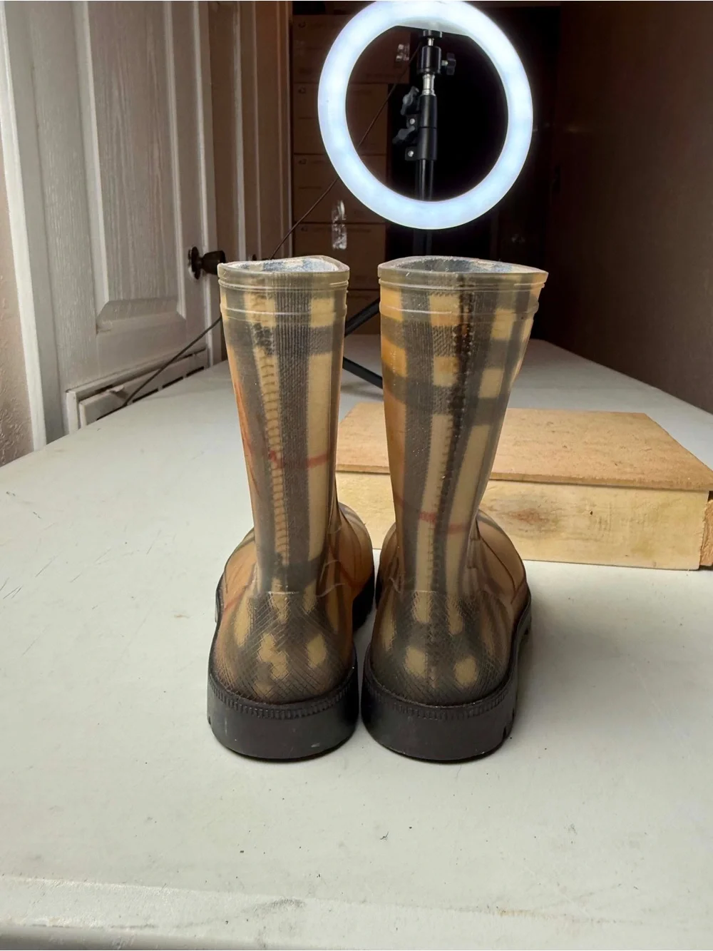 Burberry Kids Waterproof Rain Boots Tan, beige, and red plaid pattern #rainboots